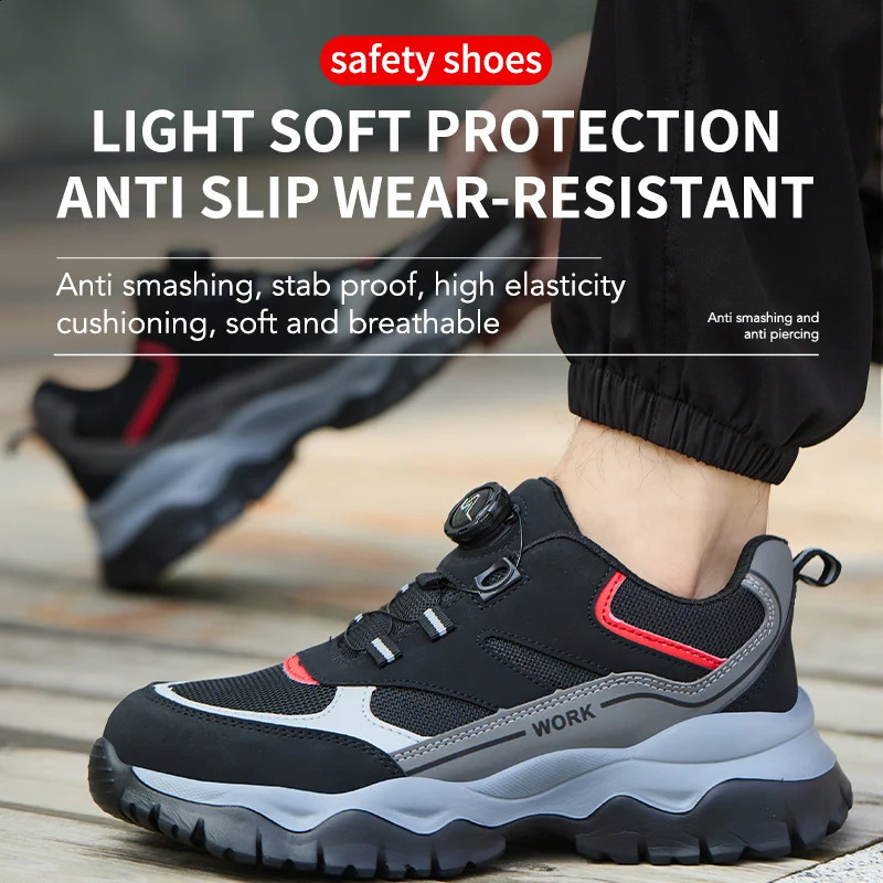 Mens Work Shoes Steel Toe Safety Boots Antismash Black Lightweight Breathable Sneakers Rotary Button 260624 - view 4