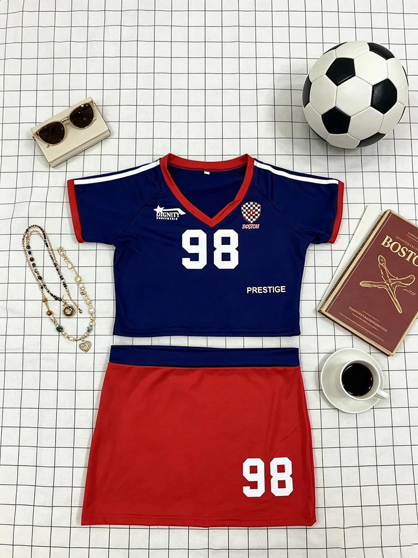 Women Y2K Sporty 98 Print 2Piece Outfit Cropped Top Mini Skirt Color Block Slim Fit Casual Streetwear CoOrd Set 260625 - view 4