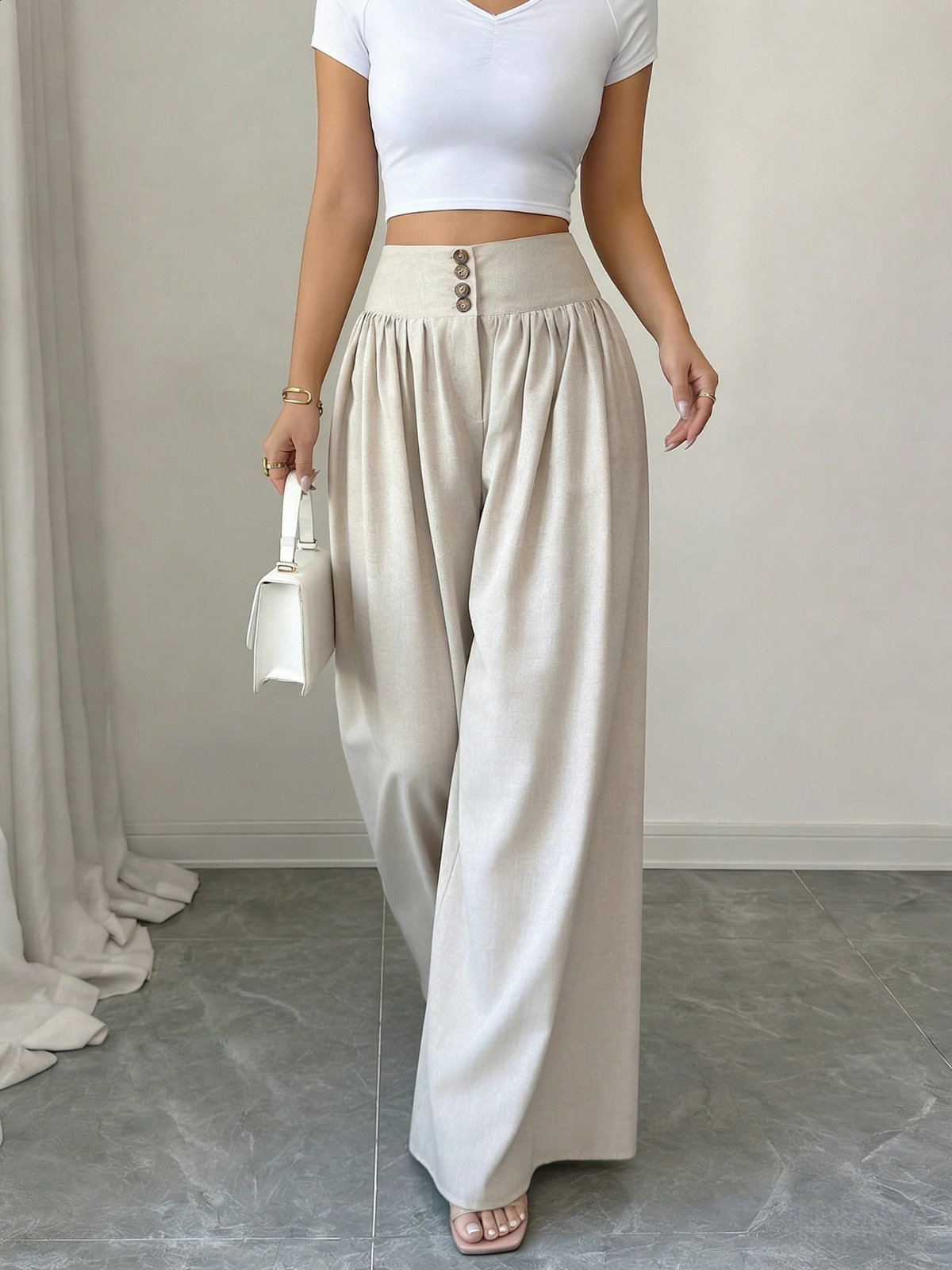 Women Khaki High Waist Wide Leg Pants Button Detail Pleated Front Loose Fit Casual Trousers Office Vacation Spring Summer 260625 - view 5