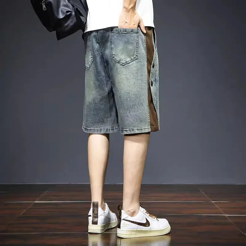 2026 Drawstring Blue Baggy Denim Shorts For Men High Street Retro Casual Jorts Side Button n Patchwork Short Jeans 260625 - view 4
