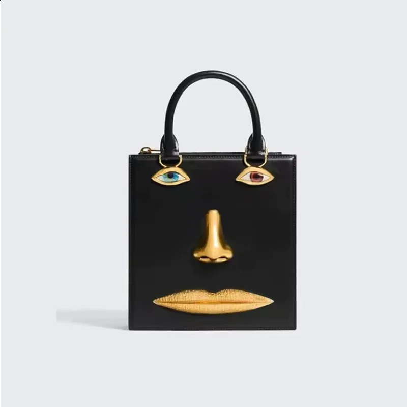 Face Bag Women High Quality Black Leather s Handbag Jewelry Eyes Gold-tone Metal Shoulder Strap Crossbody Bags 260625 - view 6
