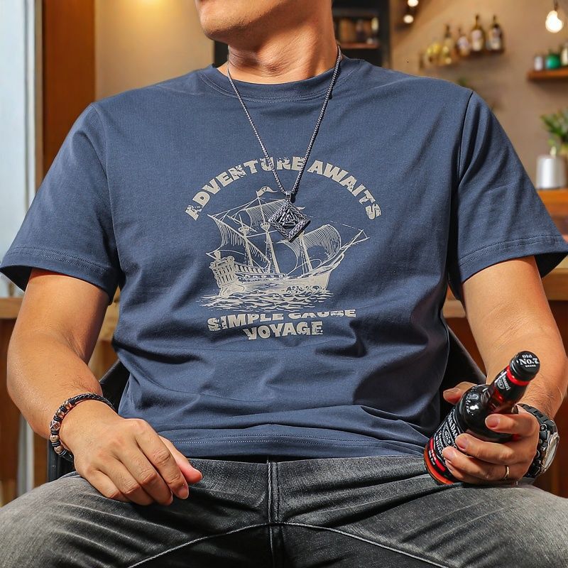2026 Summer New High-End Combed Cotton Short-Sleeve T-Shirt With American Retro Sailboat Print