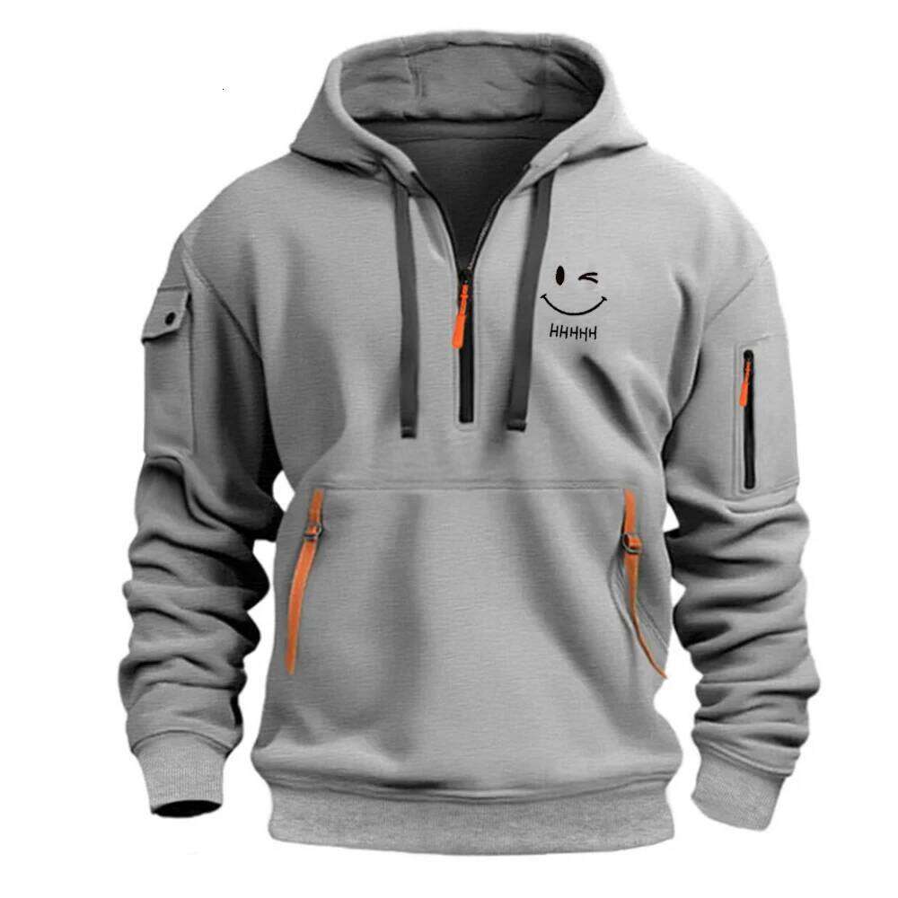 European new men's zipper pocket loose-fit sportswear, casual hooded jacket, with collar design W260626 - view 3