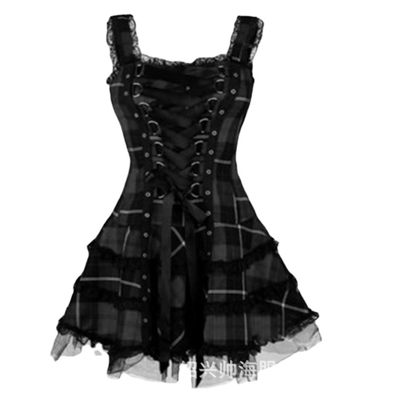 New womens plaid print lace trim dress sleeveless mesh midi dress