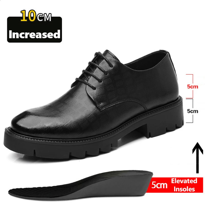 Mens Brogues Leather Elevator Shoes Man Height Increase Insole 8cm10cm Black Formal Business Wedding Work Men Shoes 260626 - view 1