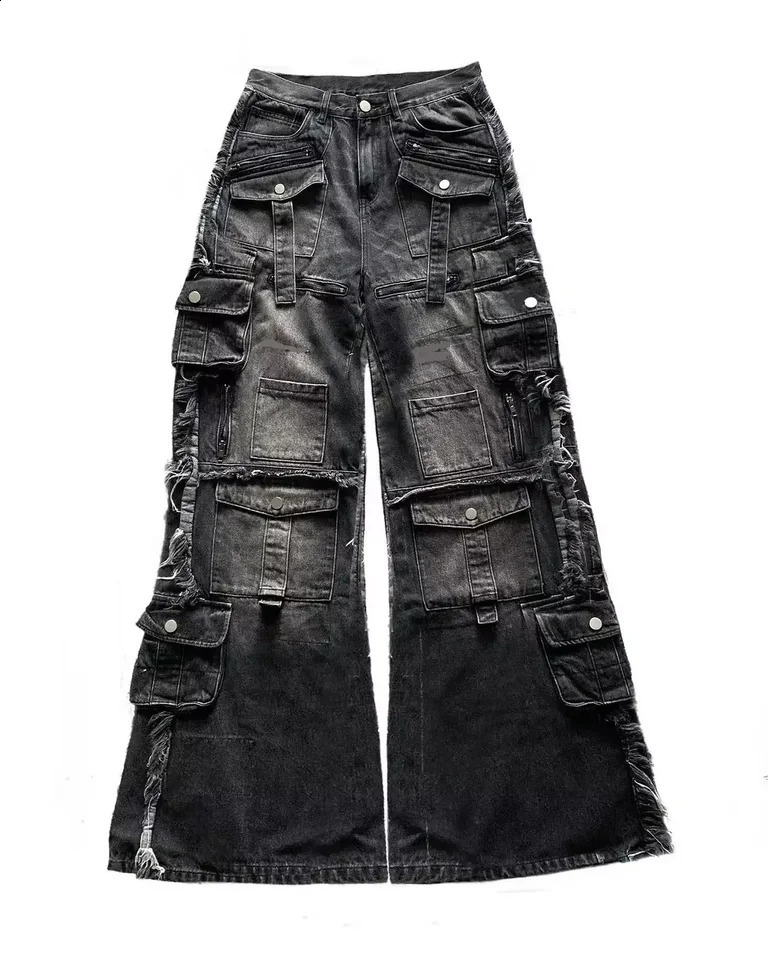 Heavy Washed Splicing Multi Pocket Loose Jeans Men Y2K American Fashion Streetwear Retro Rock Roll Highwaisted Trousers 260625