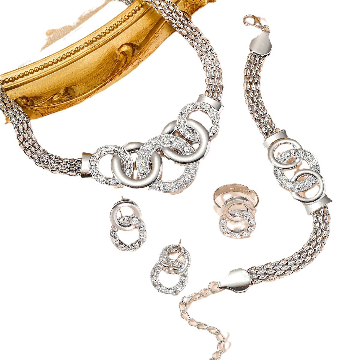 18K Gold Plated Interlocking Circle Rhinestone 4Pcs Jewelry Set Double Layer Snake Chain Women Necklace Earrings Bracelet Ring - view 6