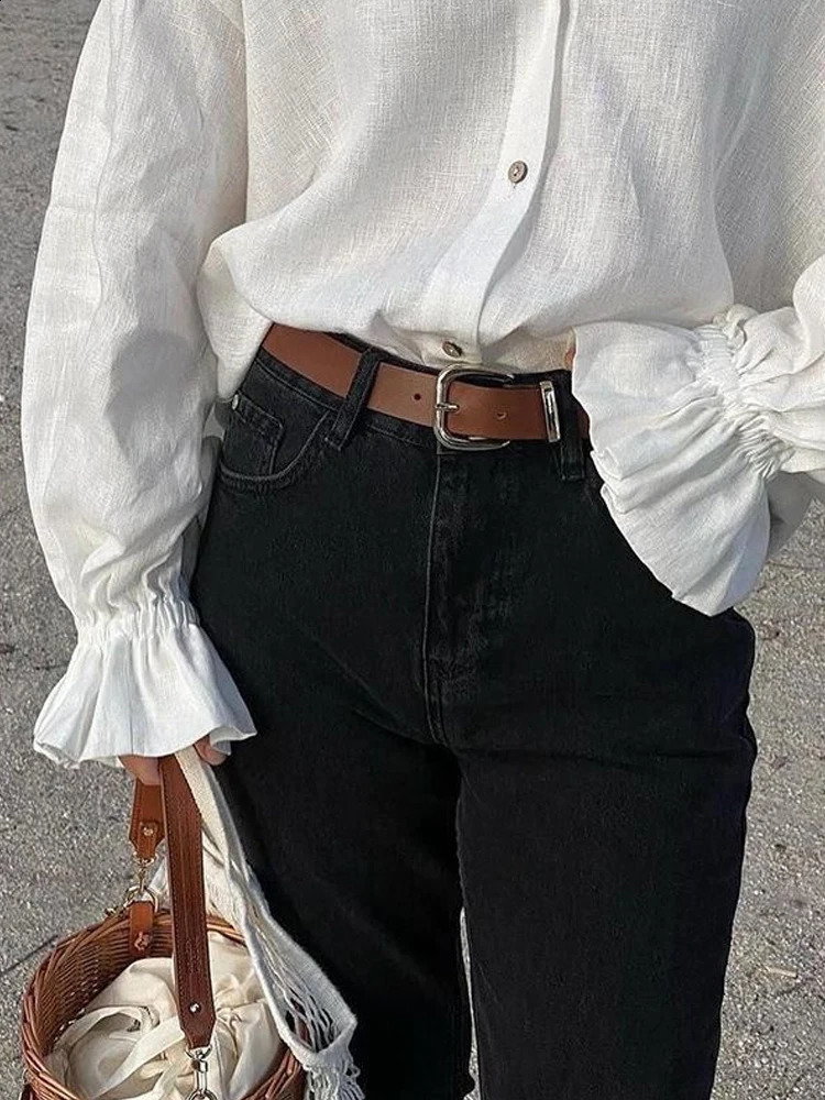 2026 Women White Linen Shirt Oversized Lantern Long Sleeve Pleated Cuff French Vintage Breathable Summer Office Casual Blouse 260626 - view 5