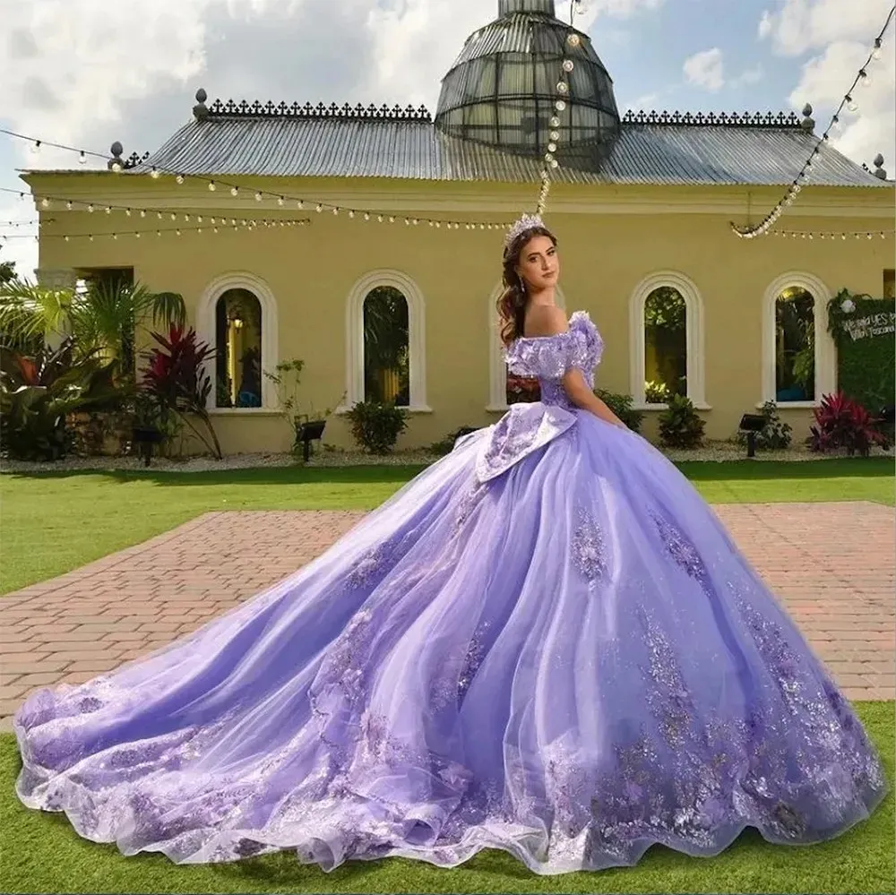 Light purple off-shoulder short-sleeve dress with a big bow on the back, glitter tulle train, and full skirt Quinceanera dreamy princess dress - view 4