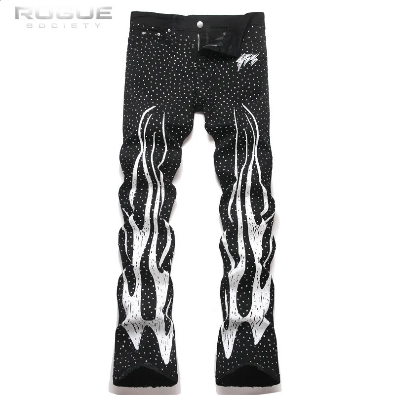 Punk Flame Rhinestone Jeans Men Harajuku Black High Street Elastic Streetwear Y2K Grunge HipHop Casual Denim Pants Unisex Edgy 260625