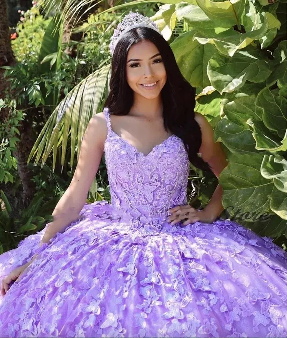 Taro Purple Heavy Beaded Butterfly Flower Tulle Ball Gown Quinceanera Dreamy Princess Dress - view 3