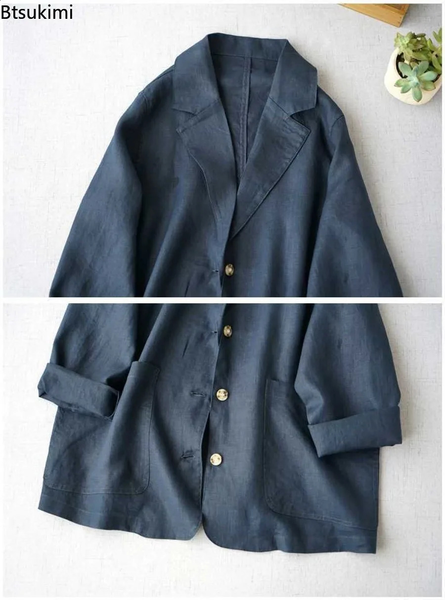 Spring Summer Linen Suit Jackets Womens Casual Simple Long Sleeve Single Breasted Blazers Comfortable Loose Thin Coats Tops 260626 - view 7