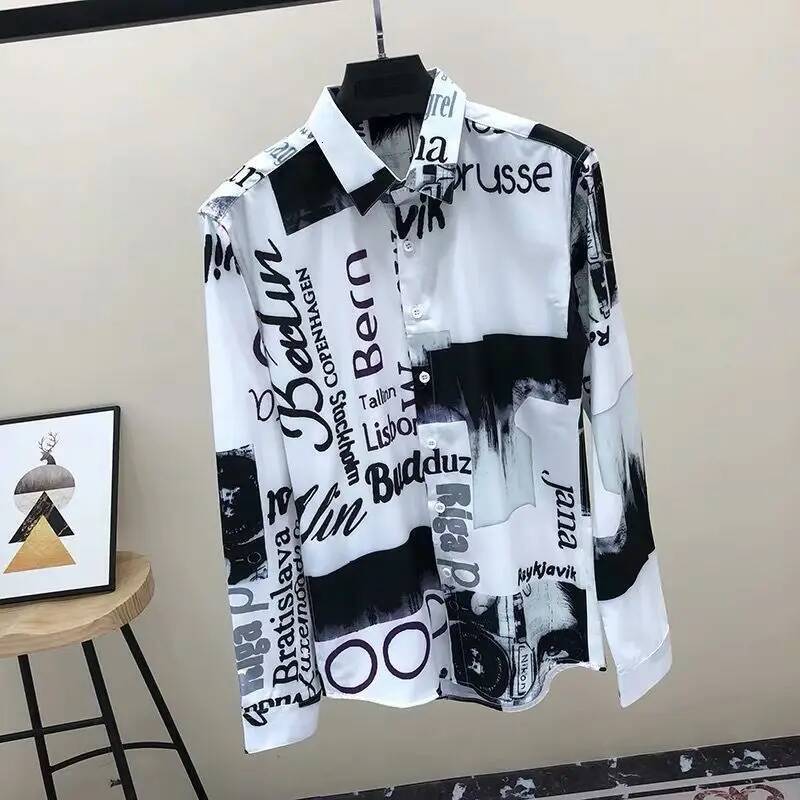 Men's Casual Shirts Polo Spring Autumn New Turn-Down Collar Fashion Long Sleeve Shirt Man High Street Casual Loose Button Cardigan Letter Printin - view 7