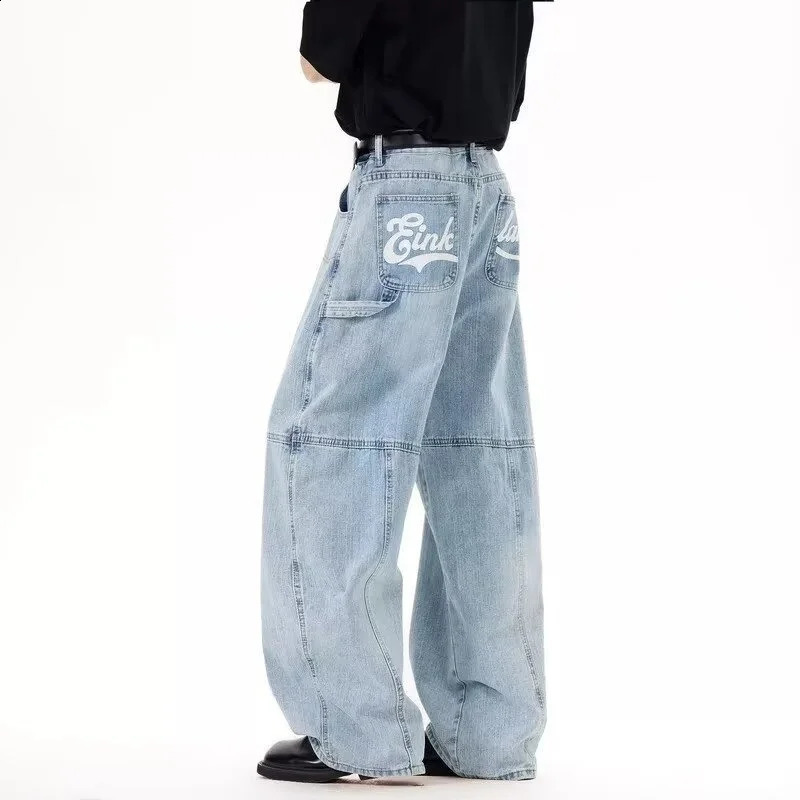 American Retro Letter Printed Baggy Cargo Jeans For Men Y2K Streetwear Straight Blue Denim Pantalones Cleanfit Fashion Jean 260625 - view 6