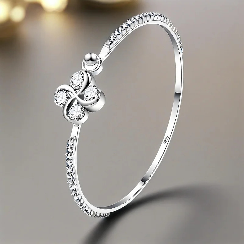 Exquisite 925 Sterling Silver Flower n Crystal Cubic Zircon Bangle Bracelets For Women Wedding Party Fashion Jewelry Gifts 260626 - view 6