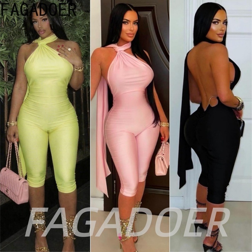 FAGADOER Sexy Halter Bandage Backless Jumpsuits Women Hip Ruched Skinny Rompers Overalls Party Slim Nightclub Playsuits 260625