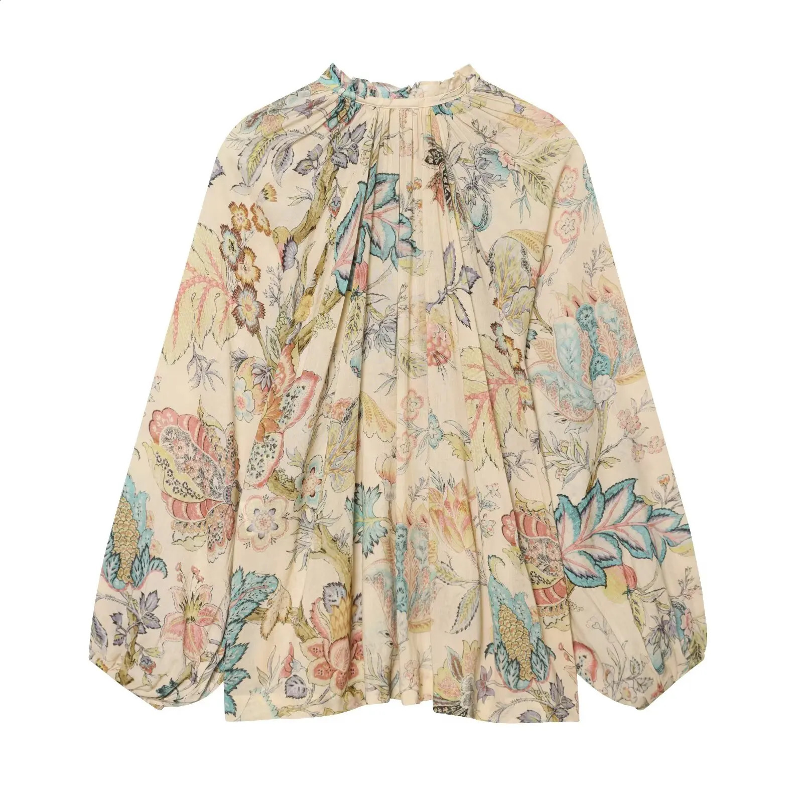 Willshela Women Fashion Printed Bow Lace Up Pleated Blouse Vintage ONeck Long Puff Sleeves Female Chic Lady Shirts 260626 - view 3