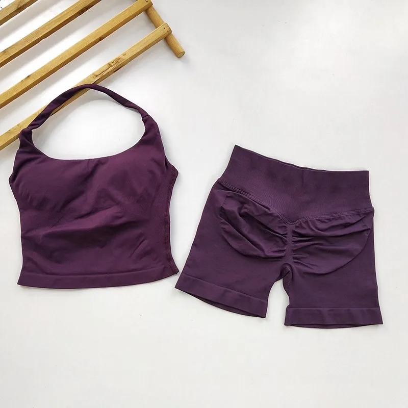 Yoga 2 Pieces Gym Set Women Backless Halter Tops High Waist Seamless Shorts Gym Suit Fitness Sports Bras Sportswear Workout Sets 260626 - view 3