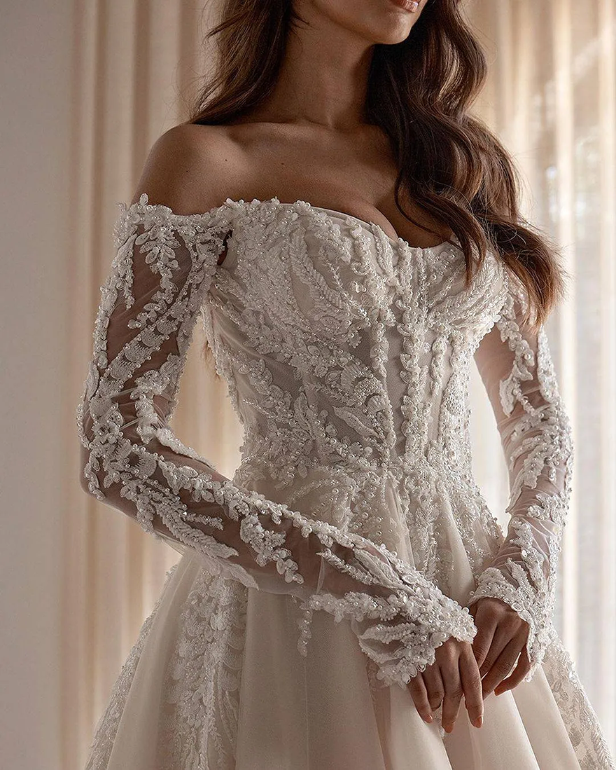 Gorgeous A Line Dresses Off Shoulder Pearls Lace Bridal Gowns Long Sleeves Vestido De Novia Backless Sweep Train Boho Wedding Dress LG0118 - view 6
