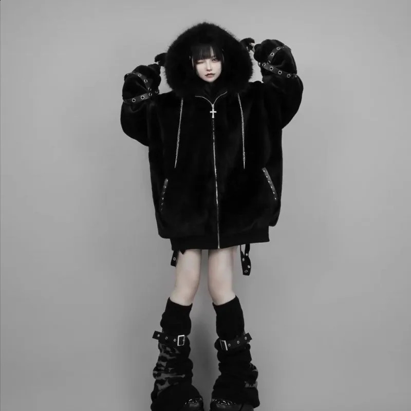 Harajuku Gothic Punk Dark Academia Clothes Fur Patchwork Hoodie Sweatshirts Autumn Winter Cardigan Coat Women 260626 - view 3