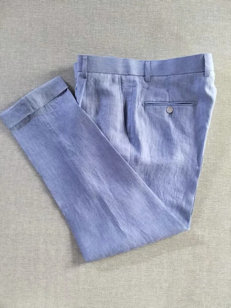 Summer Mens Light Blue Daily Casual Ankle length Trousers Straight Leg Pant Fashion Linen Pants Mid Waist Button Slim Fit 260625 - view 7