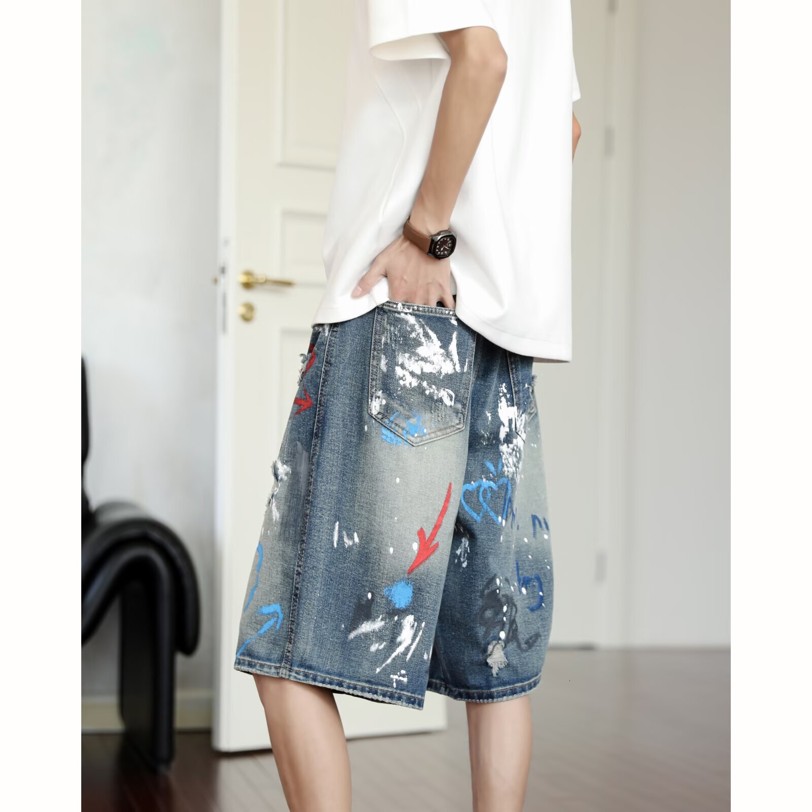 Summer New Graffiti Print Ripped Denim Shorts For Men, Casual Mid-Length Pants From Trendy Brand - view 3