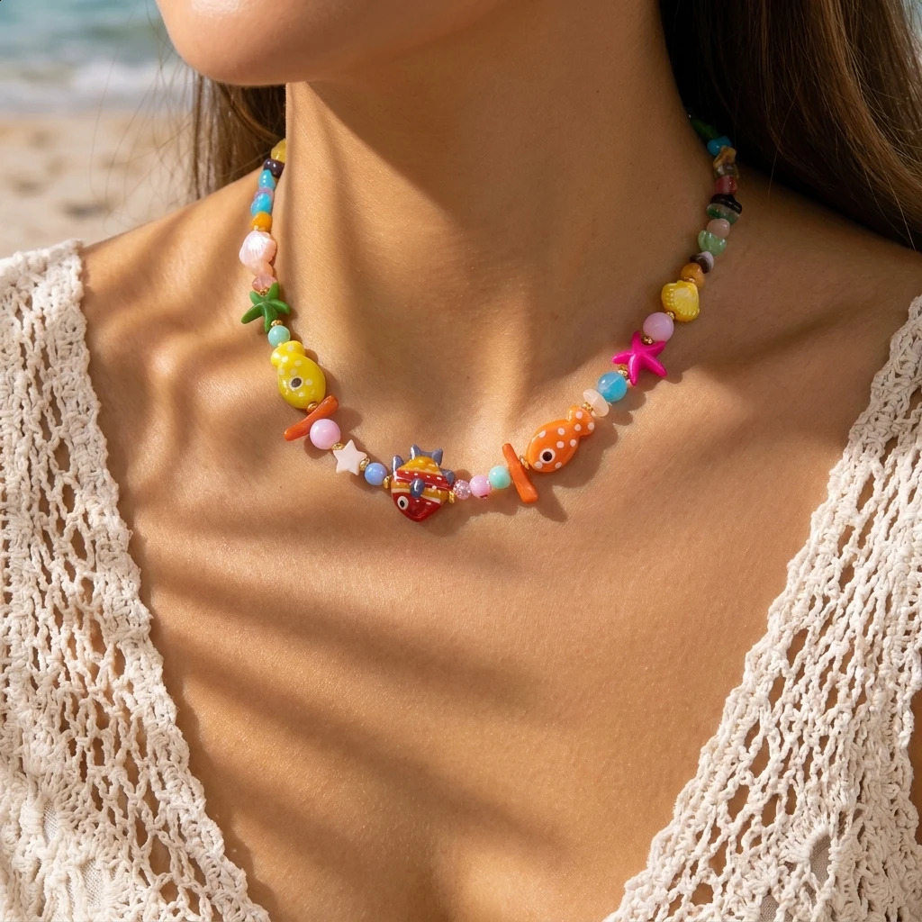 Beach Style Colorful Ceramic Fish Starfish Choker Necklace For Women Ocean Series Scallops Beaded Necklaces Vacation Jewelry 260626 - view 1