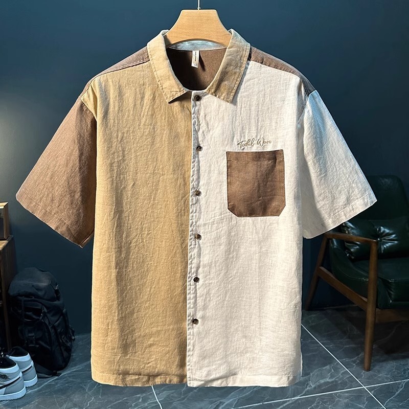 Two-Tone Linen Shirt, New Men's Summer Loose Casual Patchwork Top, Japanese-Style Thin Trendy Short-Sleeve Shirt - view 4