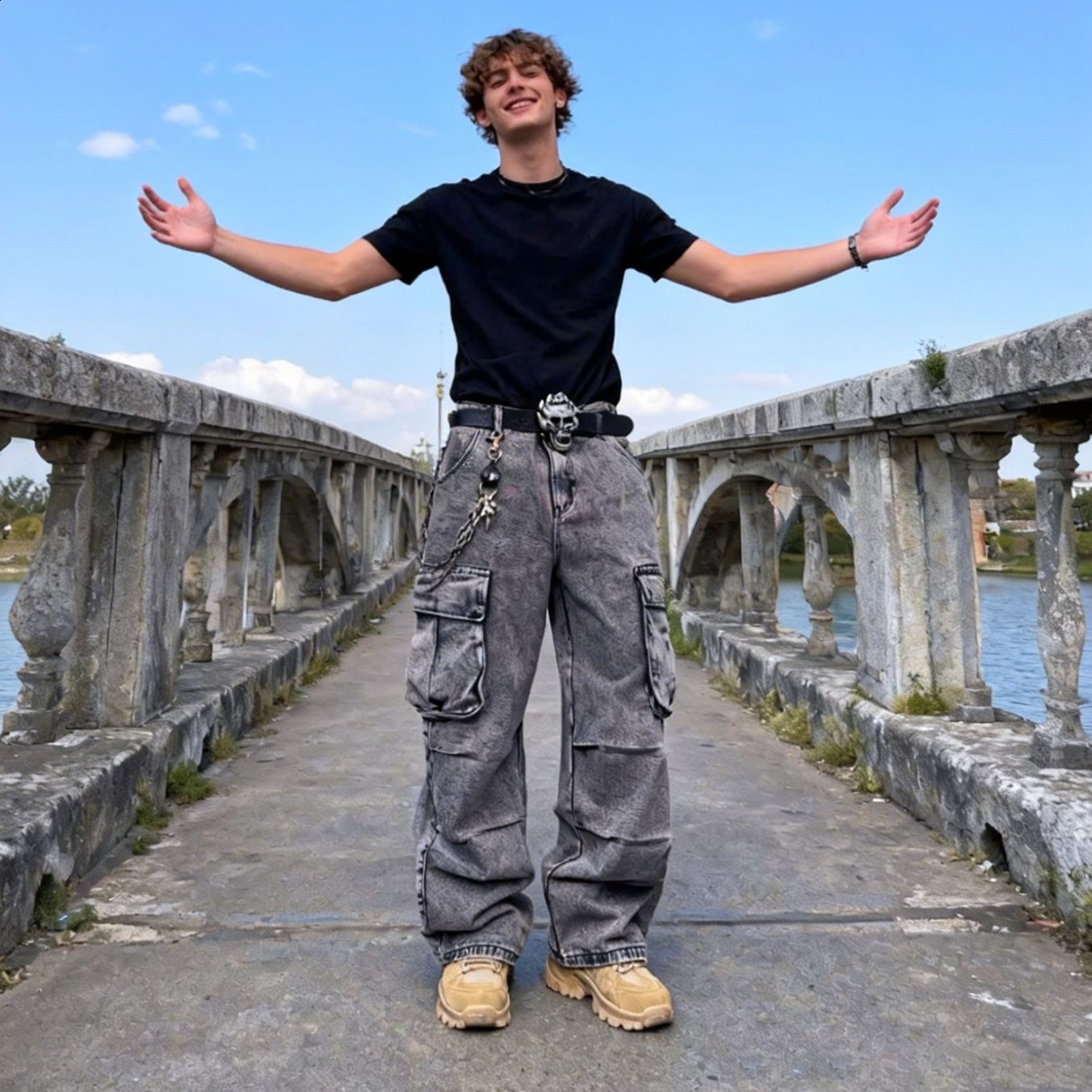 Multipocket workwear jeans for men American style trendy high street loose fit hiphop wideleg straight pants 240819