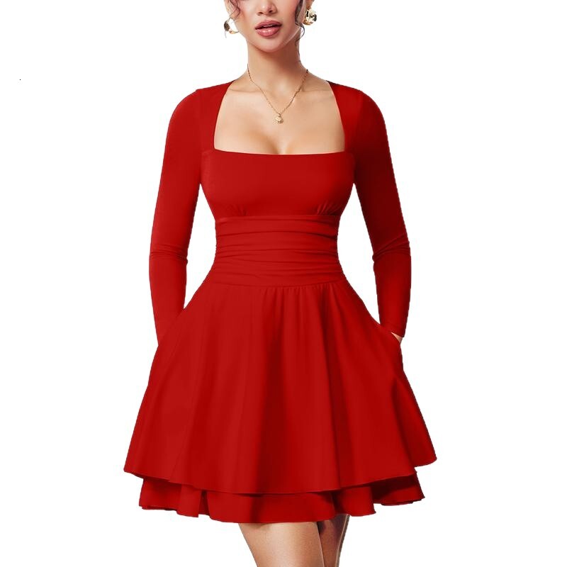 2026 Womens Fashionable Square Neck Long Sleeve Slim Dress Short Skirt Beach Vacation Dress - view 6