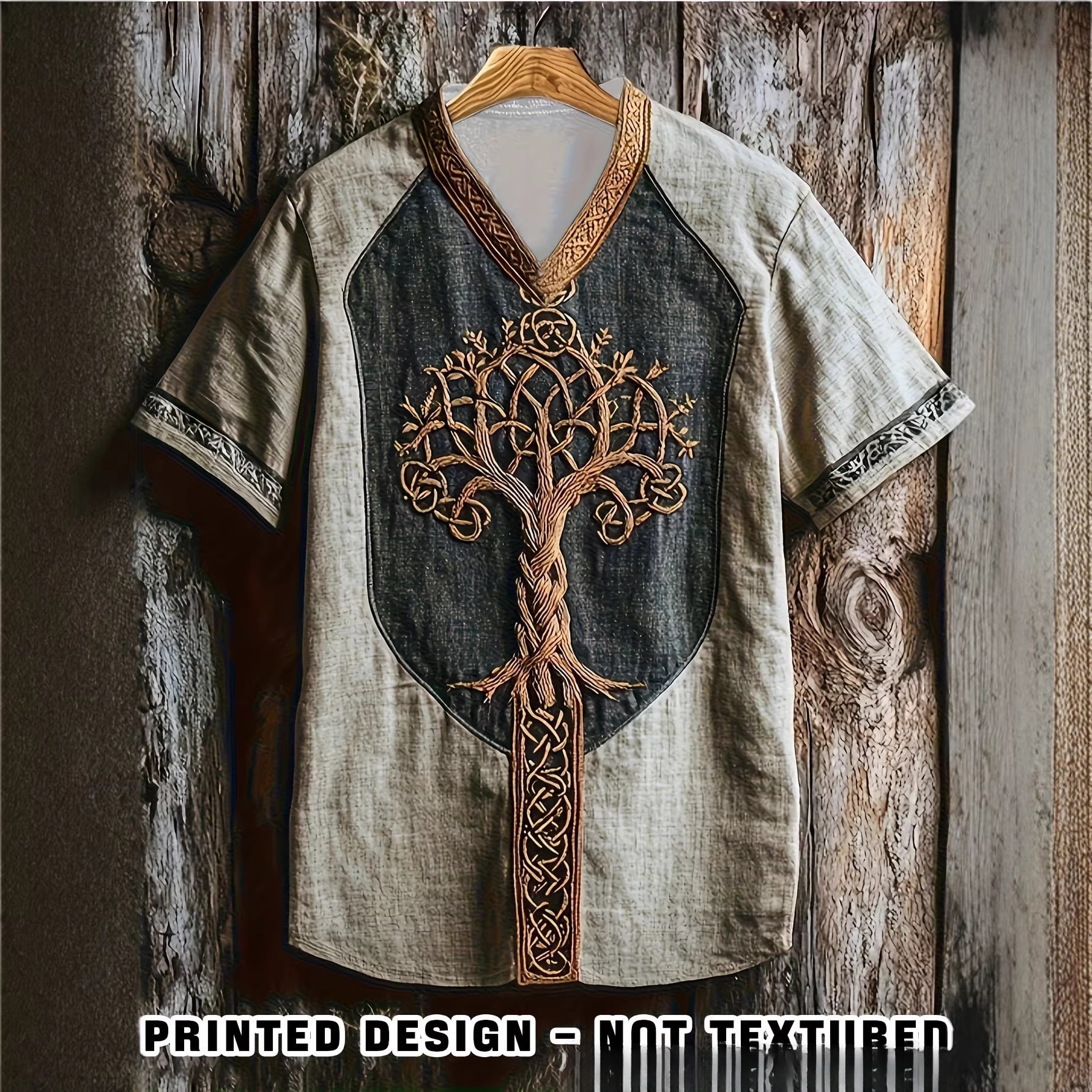 Navy Blue Linen Patchwork Tree Of Life Celtic Embroidery V-Neck Short Sleeve Men's Vintage Casual Shirt - view 5