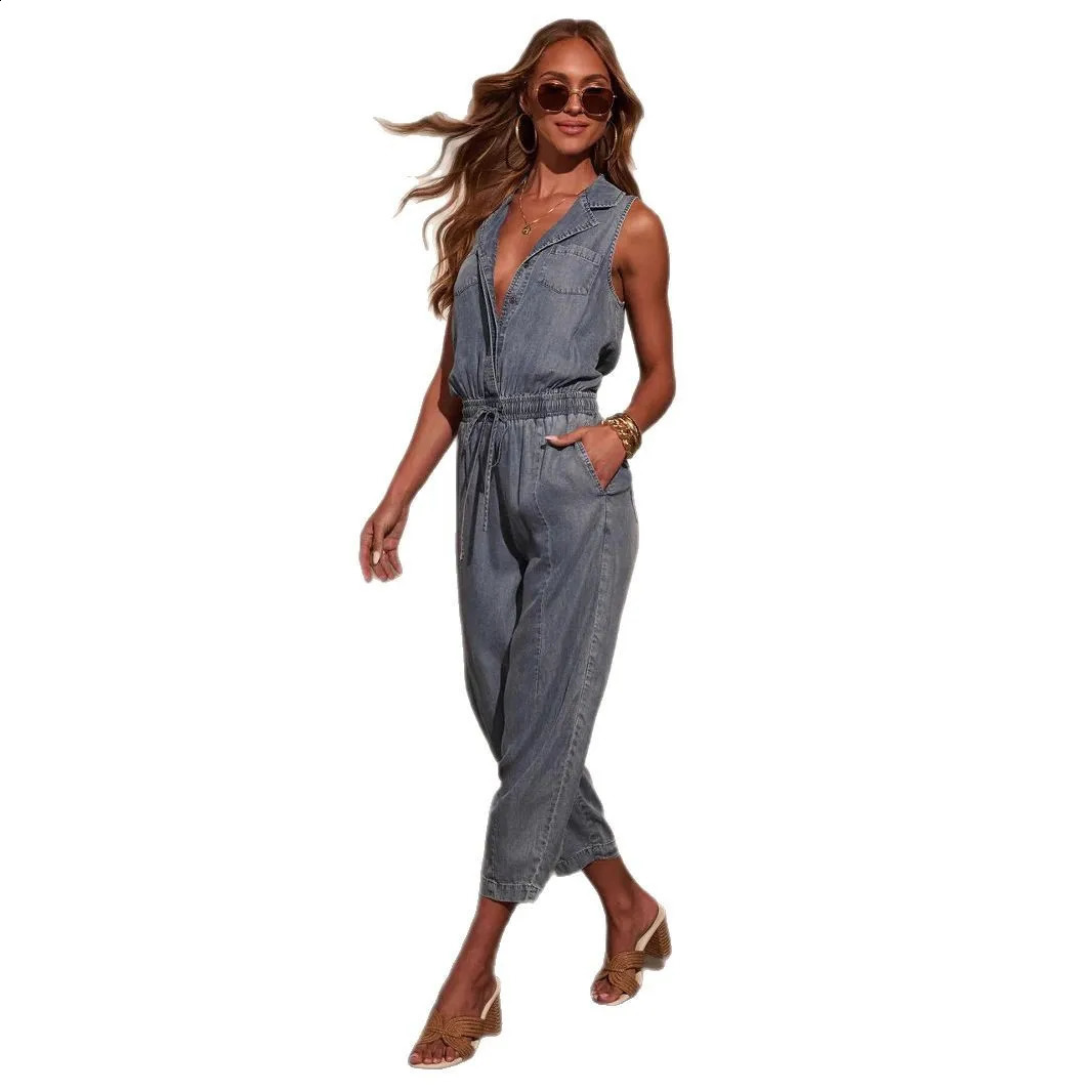 Women Jumpsuits Sleeveless Denim Pants One Piece Drawstring Pockets Rompers Solid Spliced Casual Button Jeans Overalls 260626 - view 6