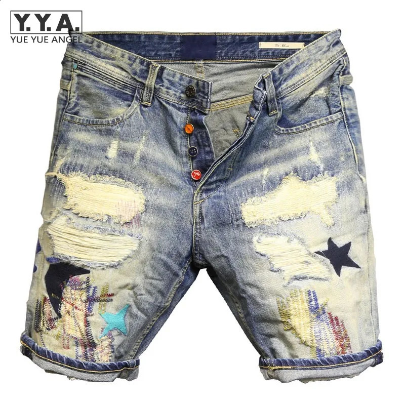 Summer Mens Fashion Hole Ripped Short Jeans Knee Length Embroidery Slim Fit Bermuda Denim Shorts Streetwear Cowboy Trousers 260625