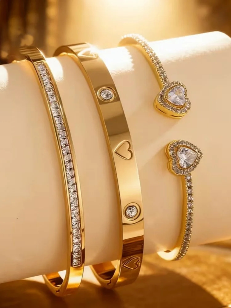 1/3Pcs Gold Plated Stainless Steel Heart Bracelet Set Fashion Zirconia Open Bangle Womens Bracelet Set for Daily Wear 260625 - view 3