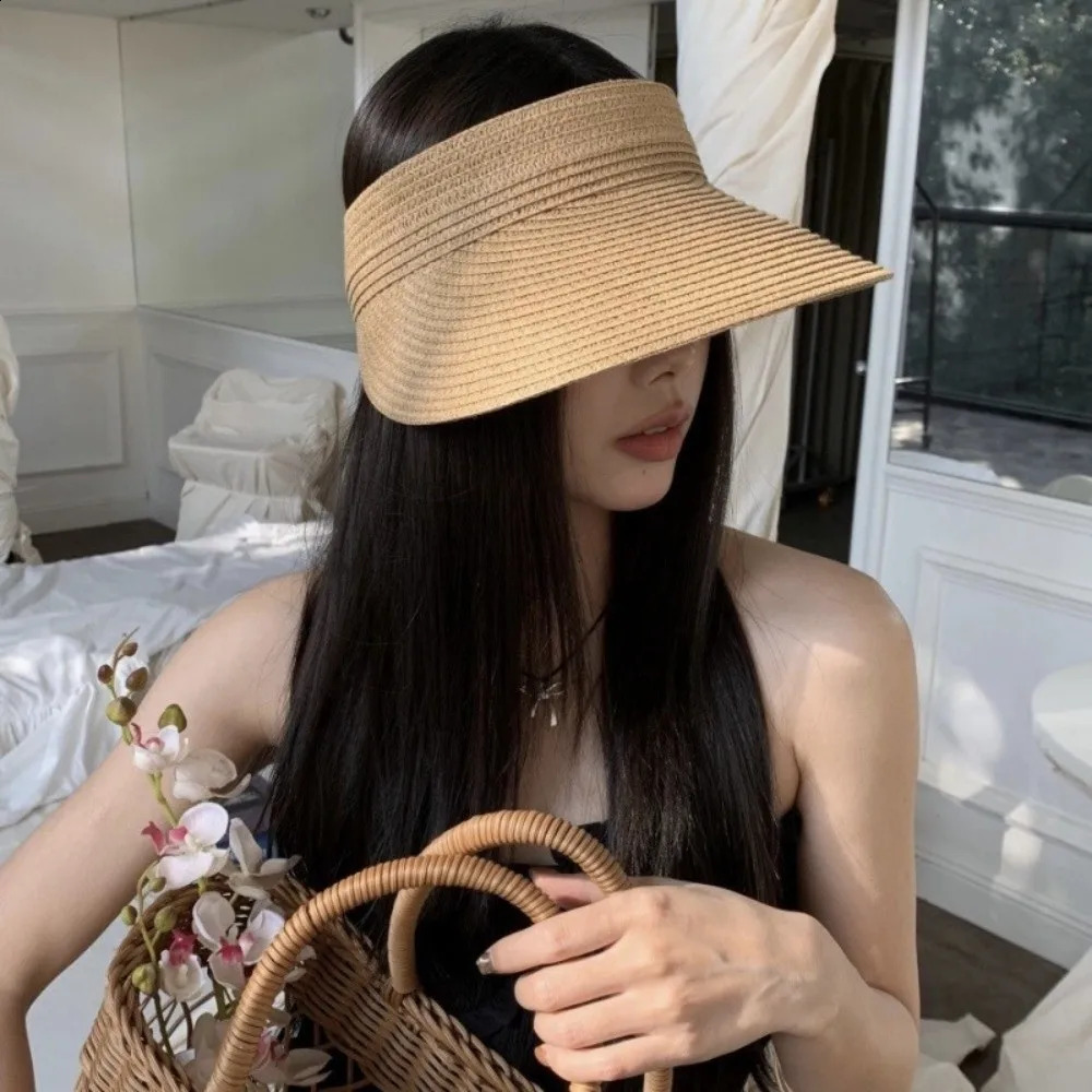 Simple Solid Color Straw Sun Cap Adjustable Foldable Summer Visors Hat Empty Top Hat Breathable Wide Brim Beach Hat Beach 260625 - view 3