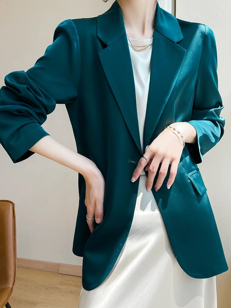 Women Blazers Spring Summer Fashion Korean Silk Satin Suit Vneck Loose Top Jacket Single Button Outerwear 260625 - view 3