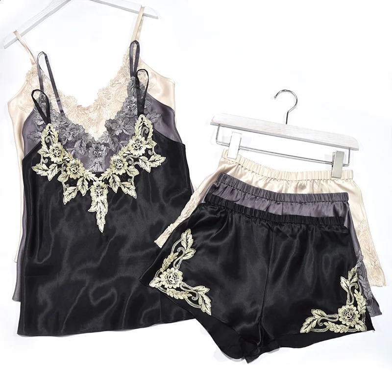 Silk pajamas Summer silk female camisole ultra shorts twopiece suit sexy lace split home service 260625