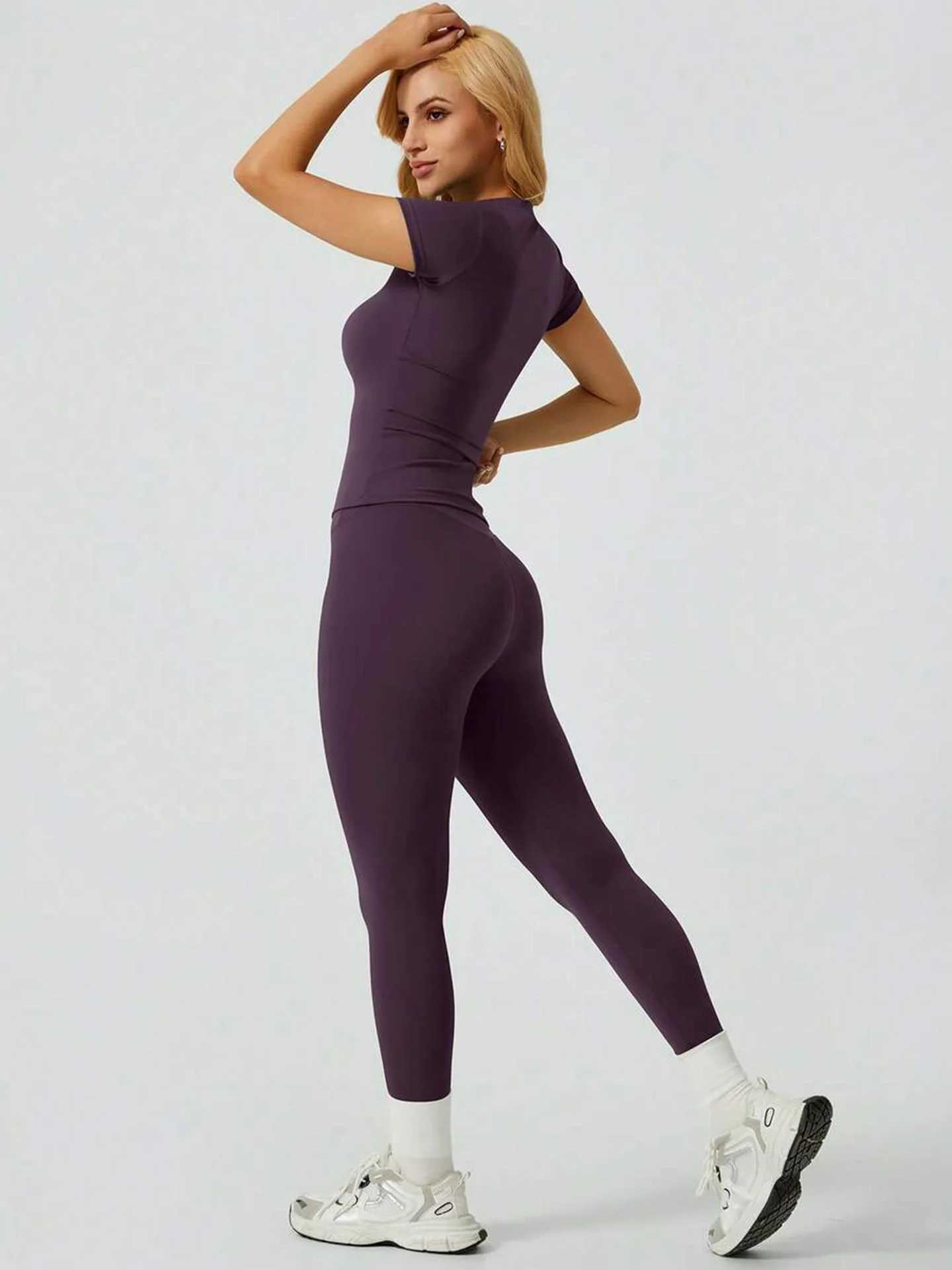 Piece Yoga Set Women 2 Short Sleeve Top High Waist Leggings Gym Workout Clothing Tummy Control Fitness Sportswear Activewear Sui M260626 - view 4