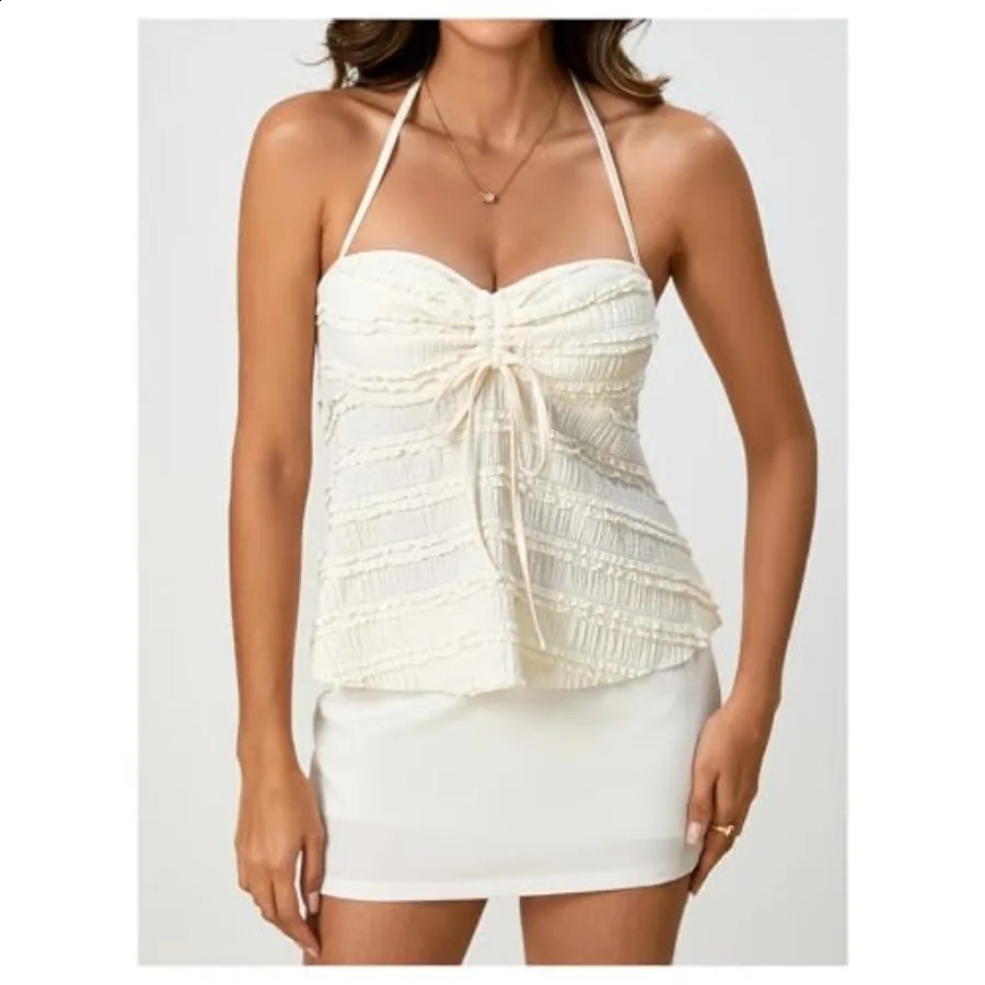 SOLY HUX Womens Peplum Halter Crop Tops Y2K Drawstring Tie Ruched Dressy Casual Spaghetti Strap Cami Top 260616 - view 4