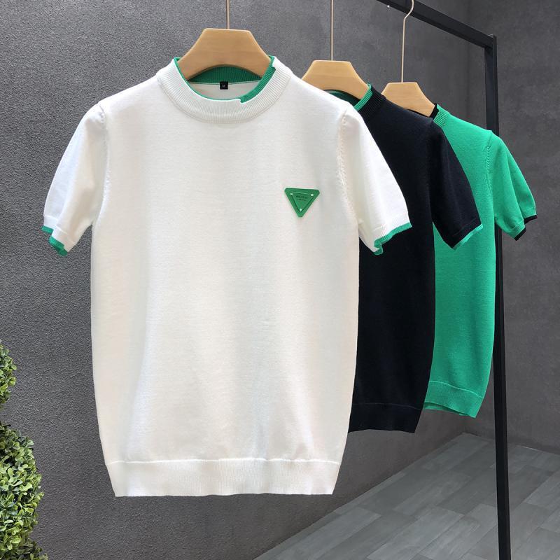 Mens Crew Neck Knit Short Sleeve Top Slim Fit Contrast Collar Triangle Badge Three Solid Colors Light Luxury Soft Breathable Summer Base Layer Shirt