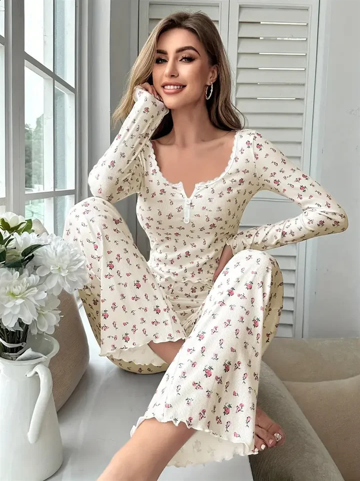 4 Size Choose S M L XL Apricot Ditsy Floral Women Homewear Set Soft Pajama Long Sleeve Top and Pants Loungewear Sleepwear T 260625 - view 7