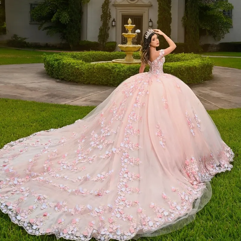 Light pink fitted waist gown with all-over floral bead embellishments and a big flared skirt, quinceanera manor outdoor evening ceremony - view 4