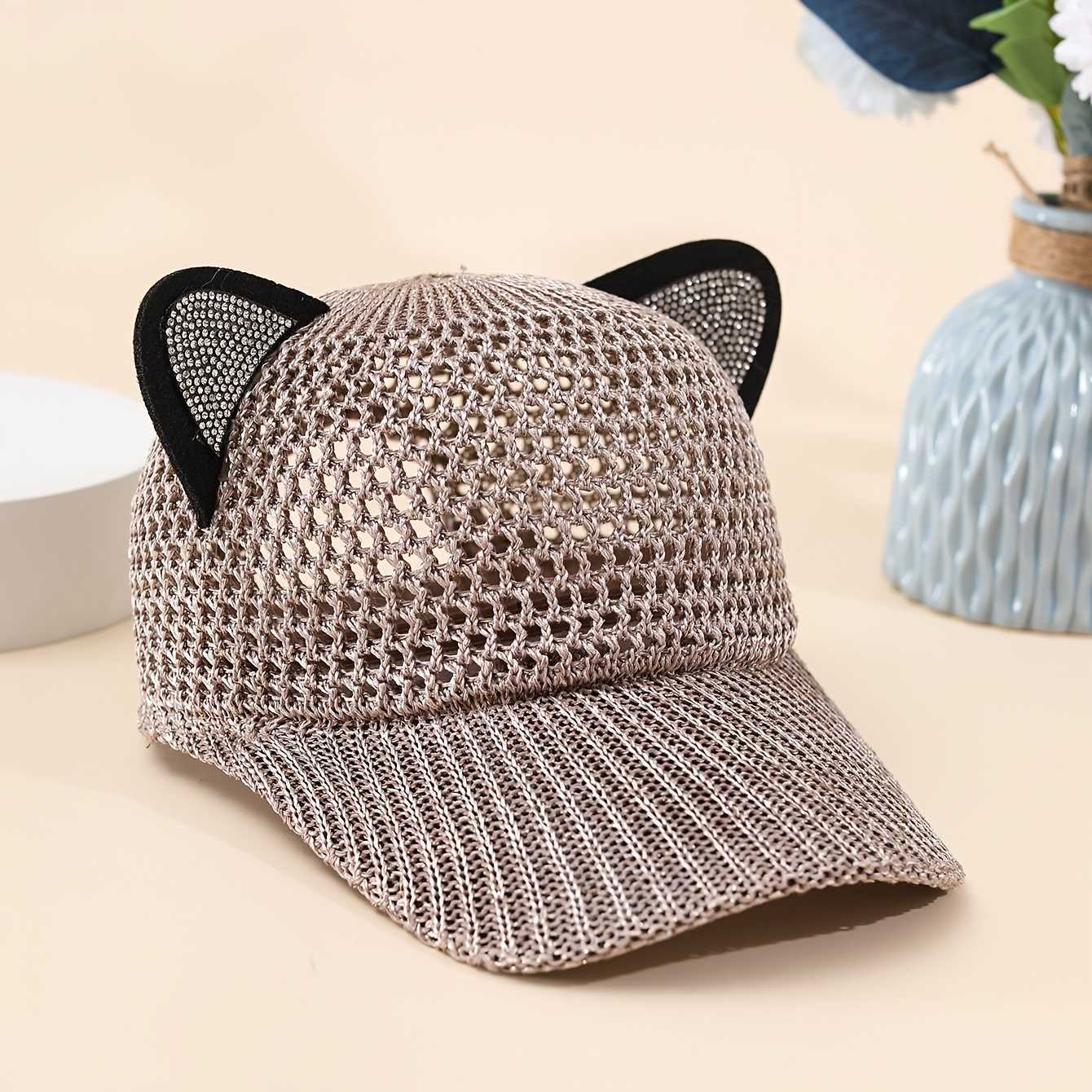 Cute Mesh-Accent Cat-Ear Baseball Trendy Womens Summer Hat featuring a Lightweight Breathable and Openwork Design M260626