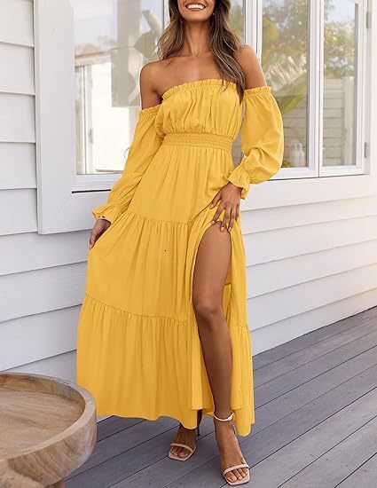 2025 Bohemian Sexy Off-Shoulder Long-Sleeve Ruched High-Waisted Side-Slit Flowing A-Line Layered Maxi Dress - view 3
