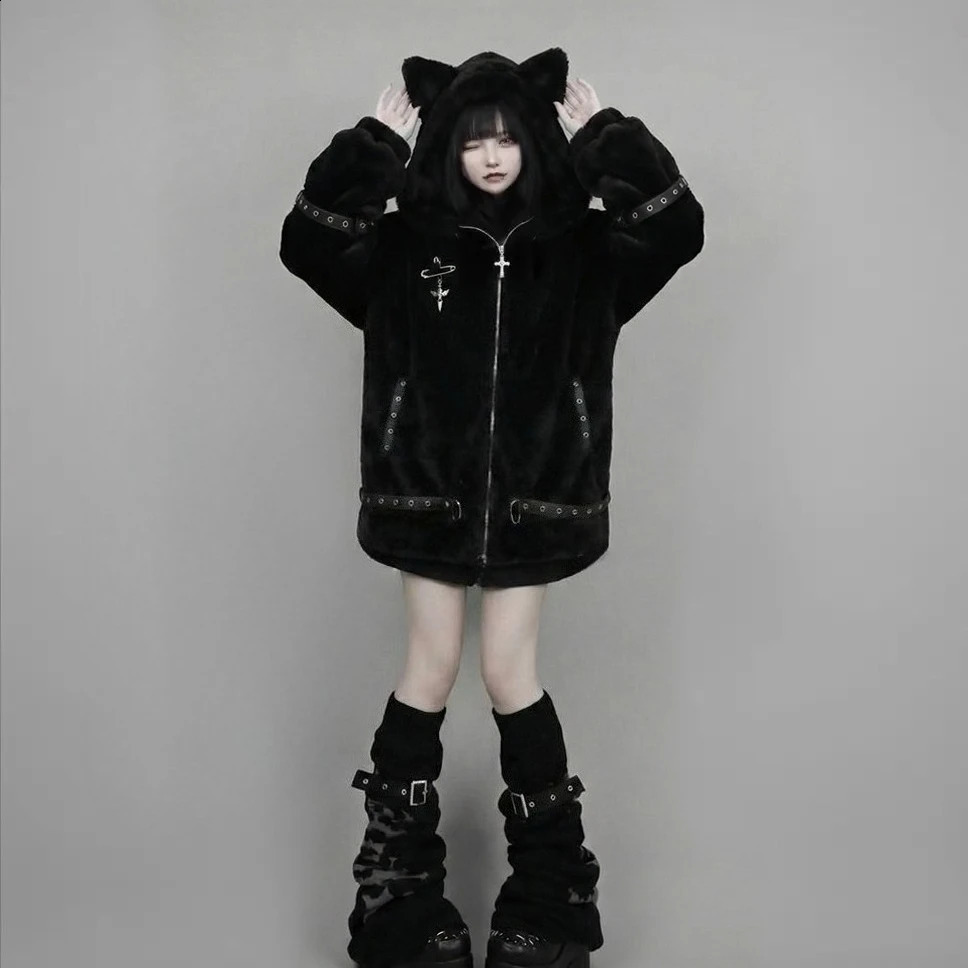 Vintage Punk Style Hoodie Long Sleeve Faux Fur Women Casual Zipper Hooded Gothic Y2K Subculture Harajuku Sweatshirts Autumn 260626 - view 3