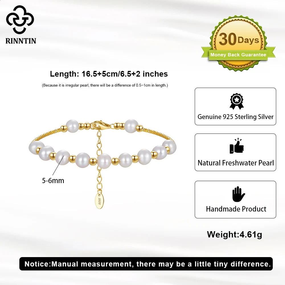 Rinntin Sexy Minimalism 14K Gold White Pearl Charm Bracelet Chain for Women Beads Hand Bangle Chain 925 Sterling Silver GPB31 260625 - view 3