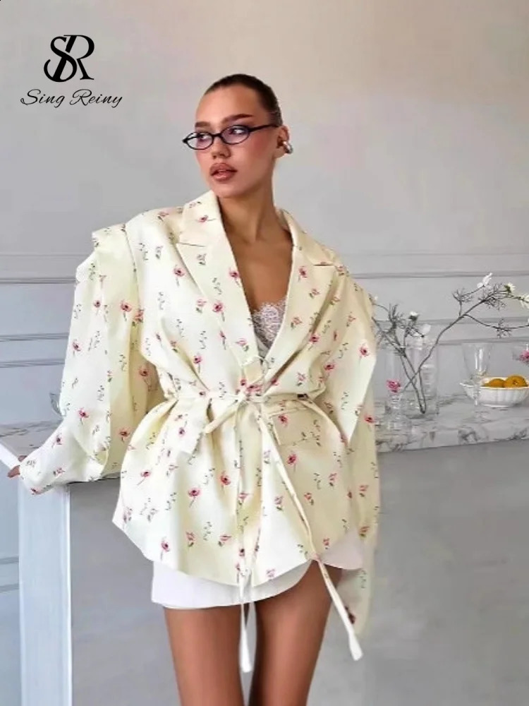 SINGREINY Chic Oversize Floral Printed Jacket Women Padded Lapel Lace Up Loose Outwears Autumn Long Sleeves OL Casual Blazer 260625