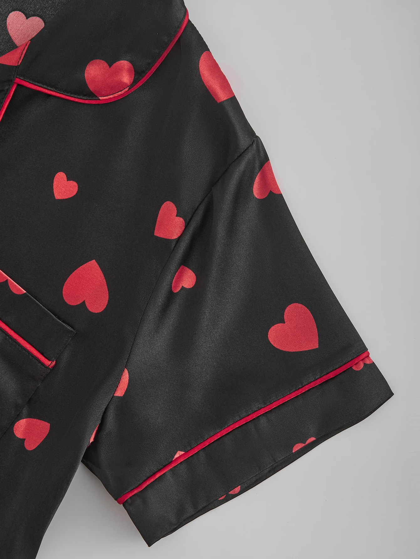 Womens Satin Silk Pajama Set Black Red Heart Print Short Sleeve Long Pants 2 Piece Loungewear Button Down Sleepwear 260625 - view 7
