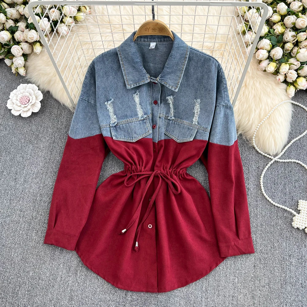 Womens Turn-down Collar Denim Patchwork Shirt Jacket Autumn Loose Long Sleeve Drawstring Waist Mid-Length Casual Streetwear Top 260626 - view 7