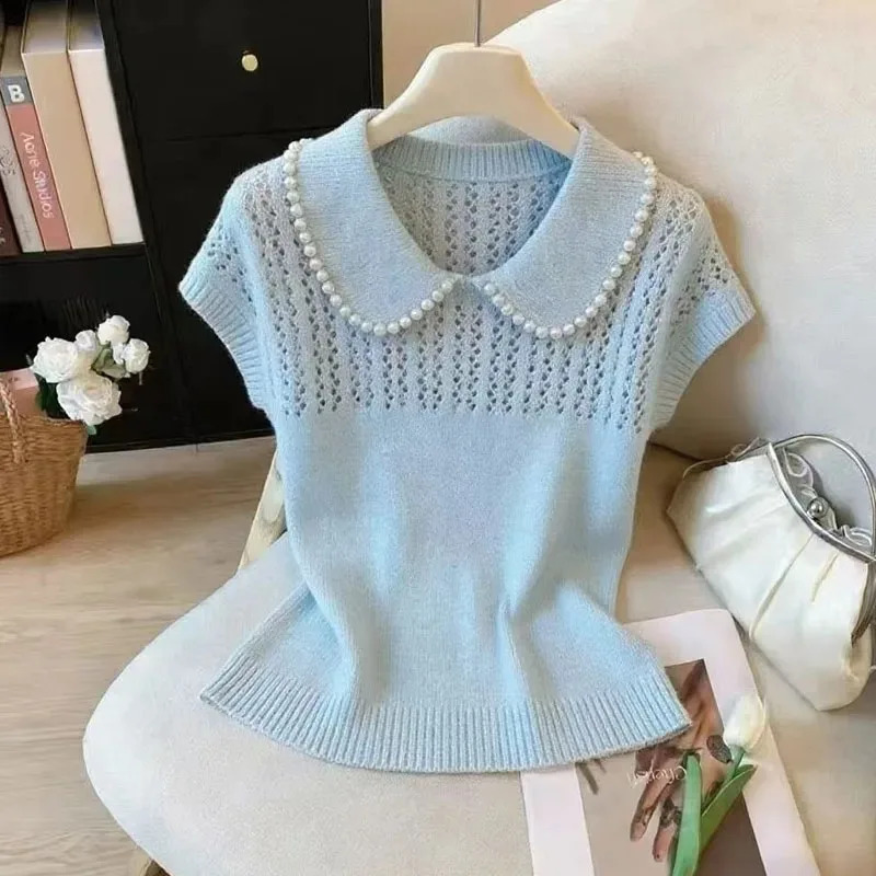 Fashion Summer Doll Collar Knitted Sweater Women Pullovers Short Sleeve Beading Knit Pullover Tops Knitwears Q4031 260626 - view 6
